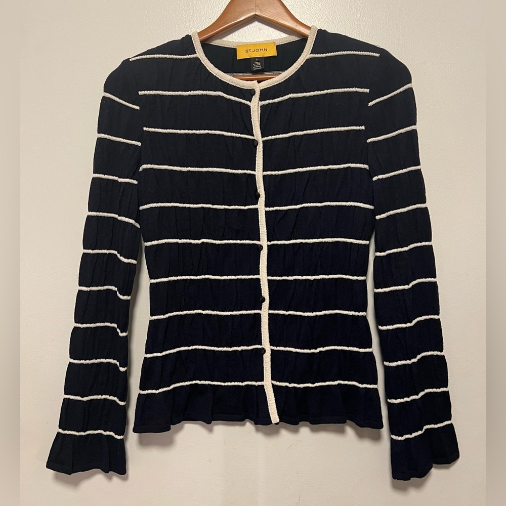 St. John Wool Blend Cardigan Sweater Size P Nautical Navy White Stripe